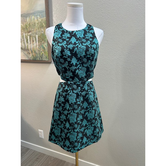 Hutch Anthropologie Teal Floral Jacquard Cut-Out Fit & Flare Mini Dress  Size 4 - Picture 2 of 10